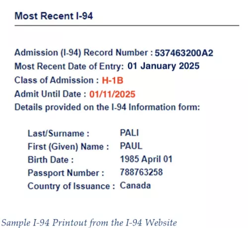 Sample view of an H-1B I-94 form