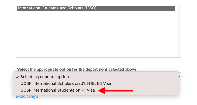screenshot of arrow pointing to selection for f1 students