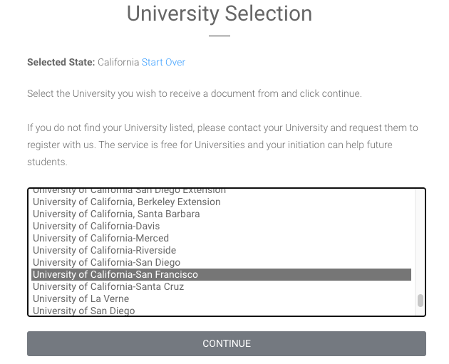screenshot of the university select page